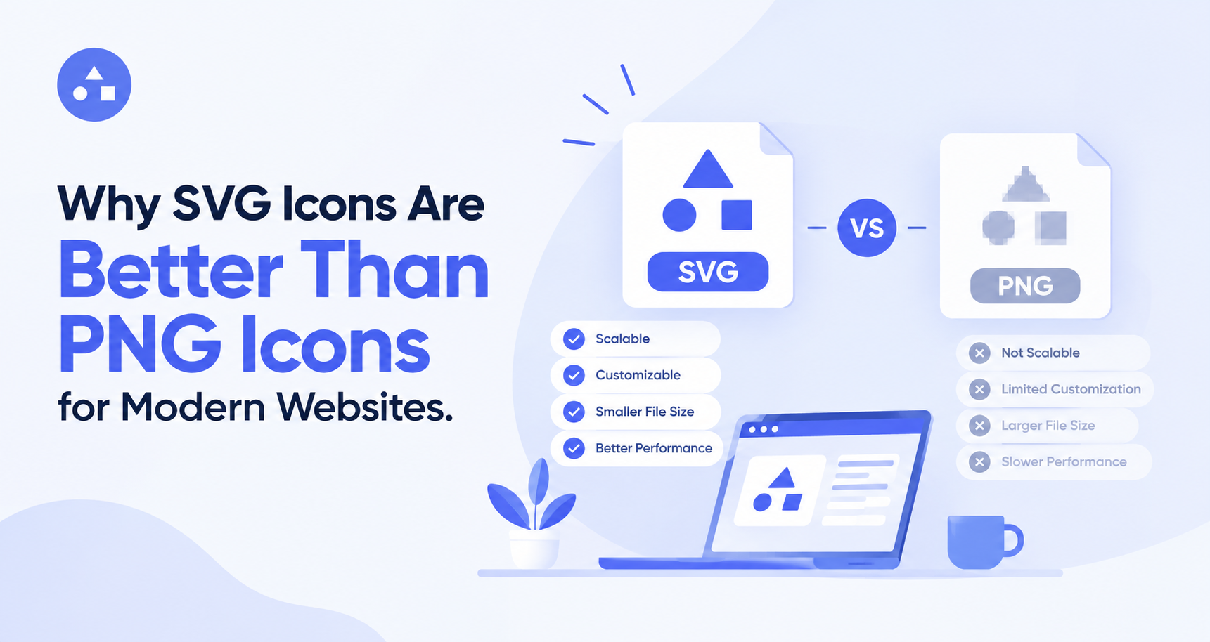 SVG vs PNG icons comparison for modern websites, highlighting scalability, file size, customization, and performance.